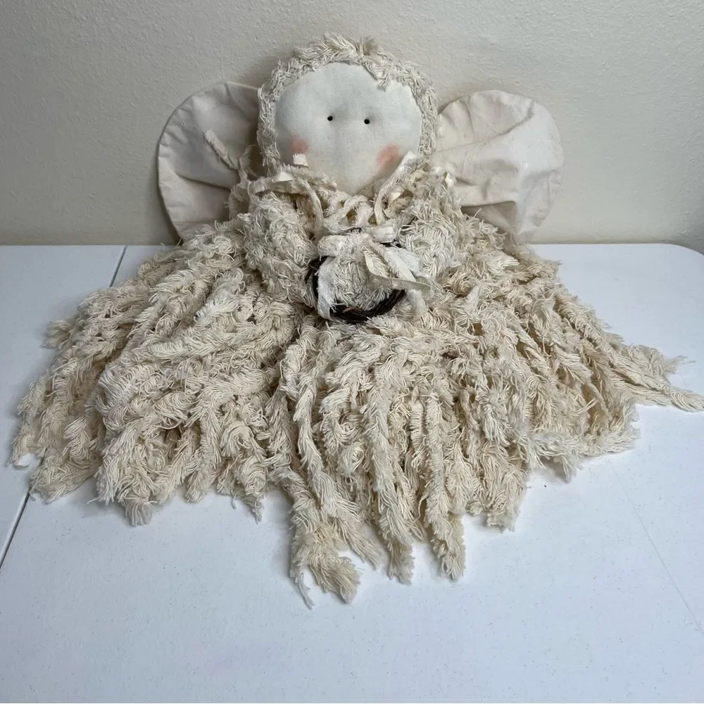 Vintage Handmade Yarn Angel Rag Doll Cream Painted Face Wings Holiday Decor